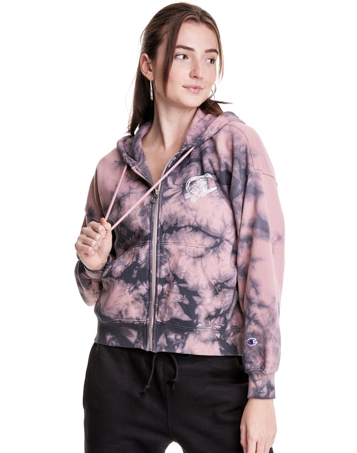 Champion Dame Hættetrøje Beige/Sort - Galaxy Dye Full Zip Boxy C Flower Logo - Danmark ZTW-172386